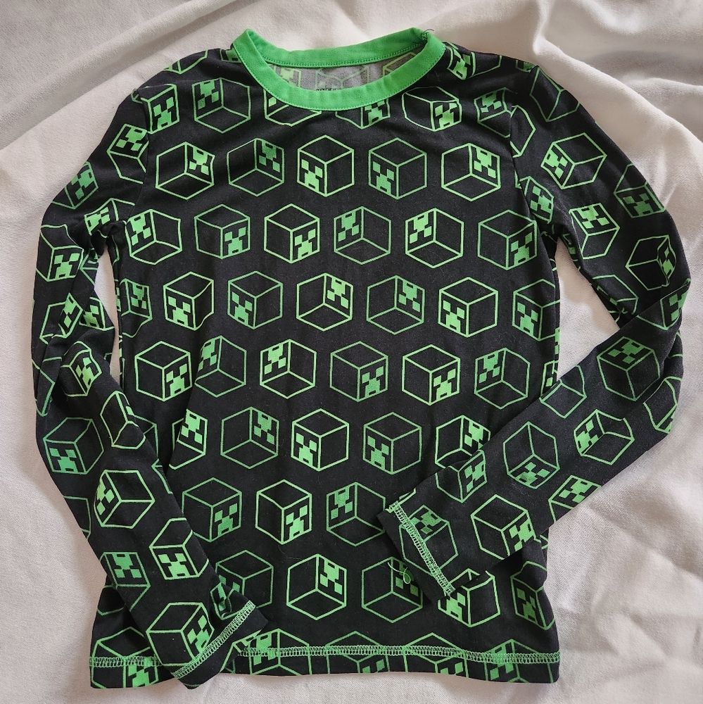 Minecraft Creeper Long Sleeve Pajama Shirt Boys M Black Green Gamer Sleep Top